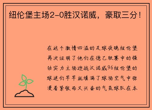 纽伦堡主场2-0胜汉诺威，豪取三分！